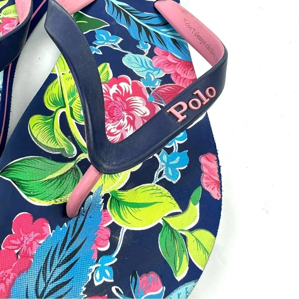Polo Ralph Lauren Bolt Flip Flops 13-14 Navy Garden Floral Tropical Sandals Mens